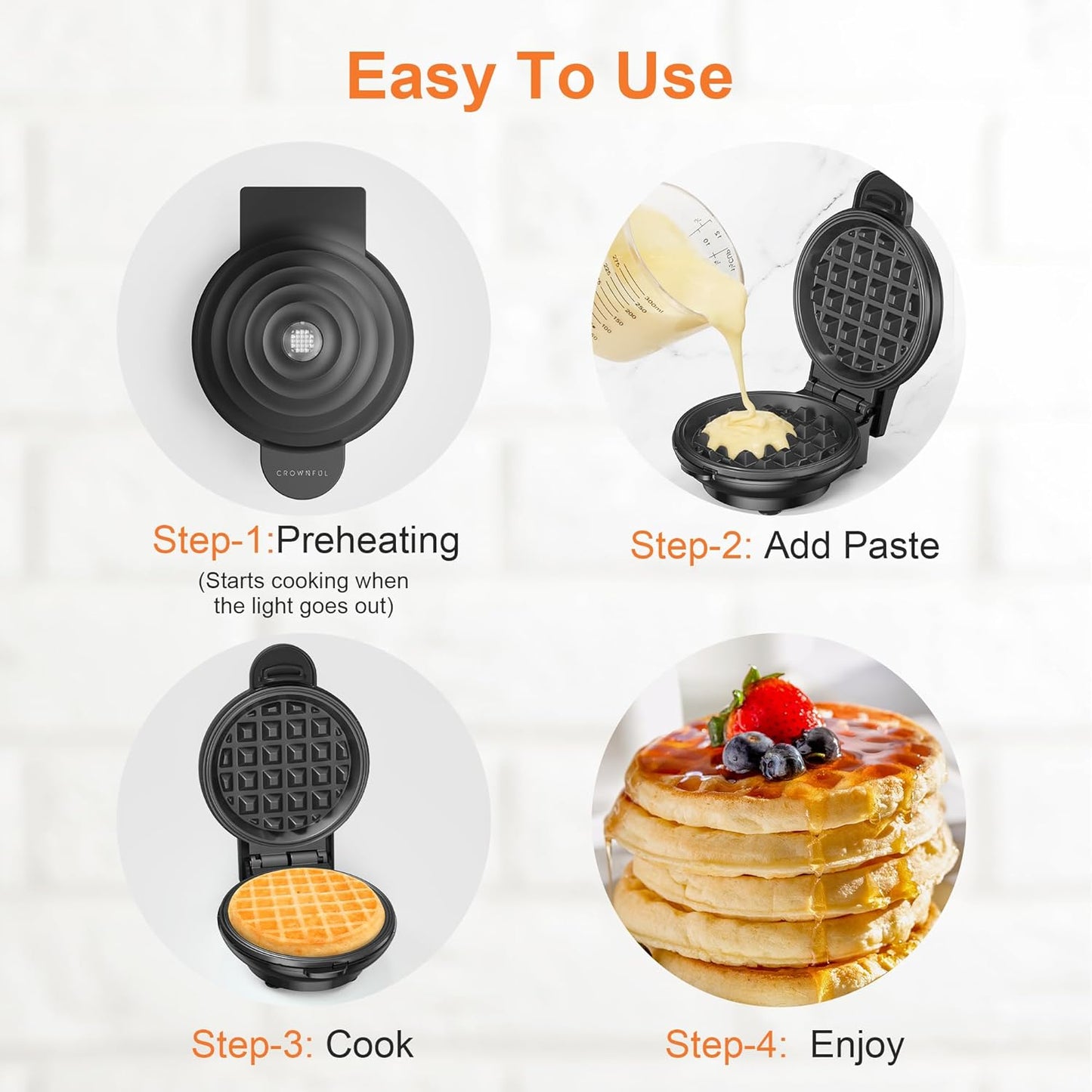 Mini Waffle Maker, 4" Chaffle Maker with Compact Design, Easy to Clean, Non-Stick Surface, Recipe Guide Included, Perfect for Breakfast, Dessert, Sandwich, or Other Snacks