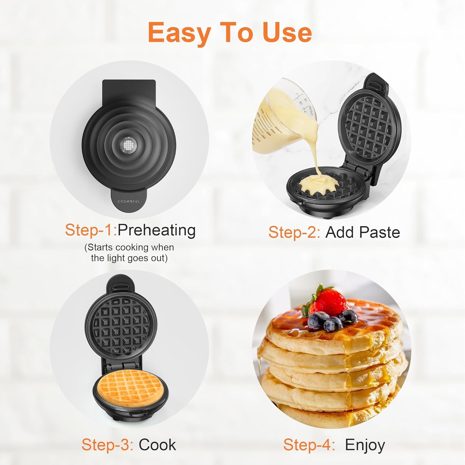 Mini Waffle Maker, 4" Chaffle Maker with Compact Design, Easy to Clean, Non-Stick Surface, Recipe Guide Included, Perfect for Breakfast, Dessert, Sandwich, or Other Snacks