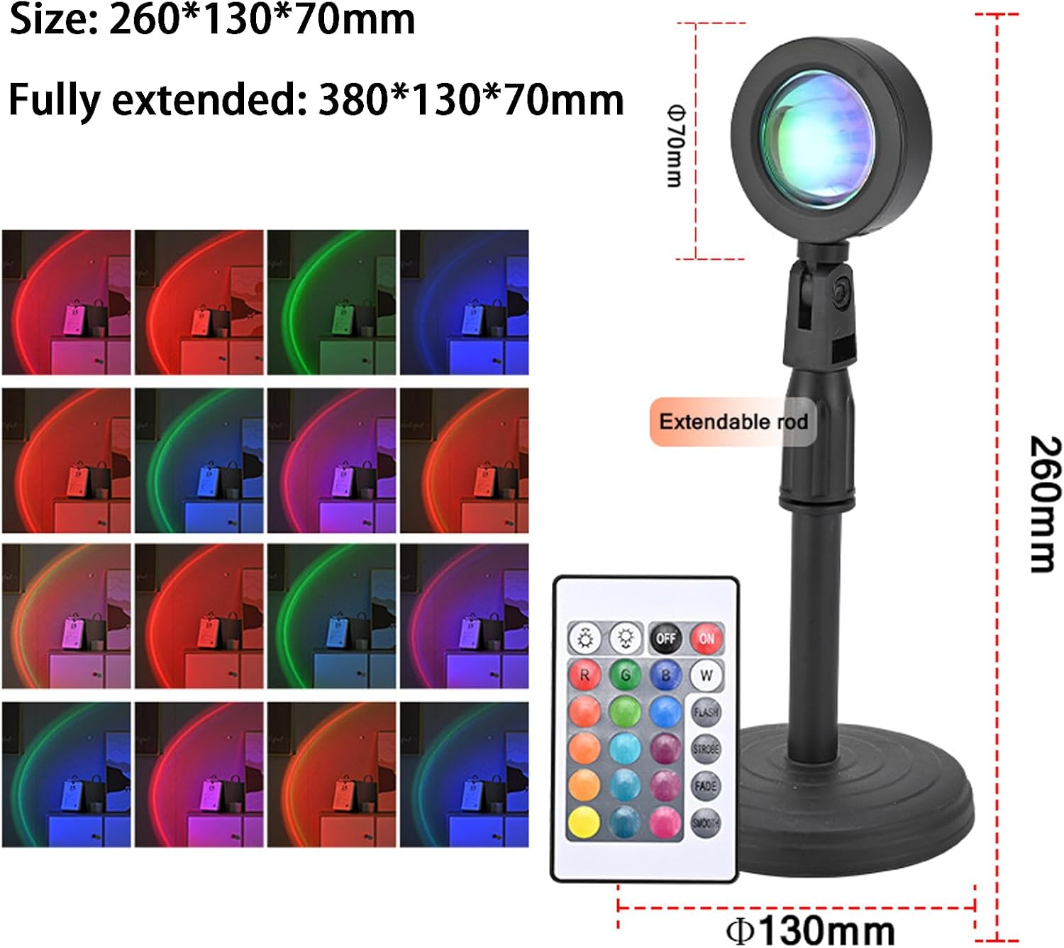 Floor Sunset Lamp Projector, 16 Colors Multicolor USB LED Night Light, 180 Degree Rotation Rainbow Lights for Bedroom, Photography, Party, TIK Tok Live, Christmas Light
