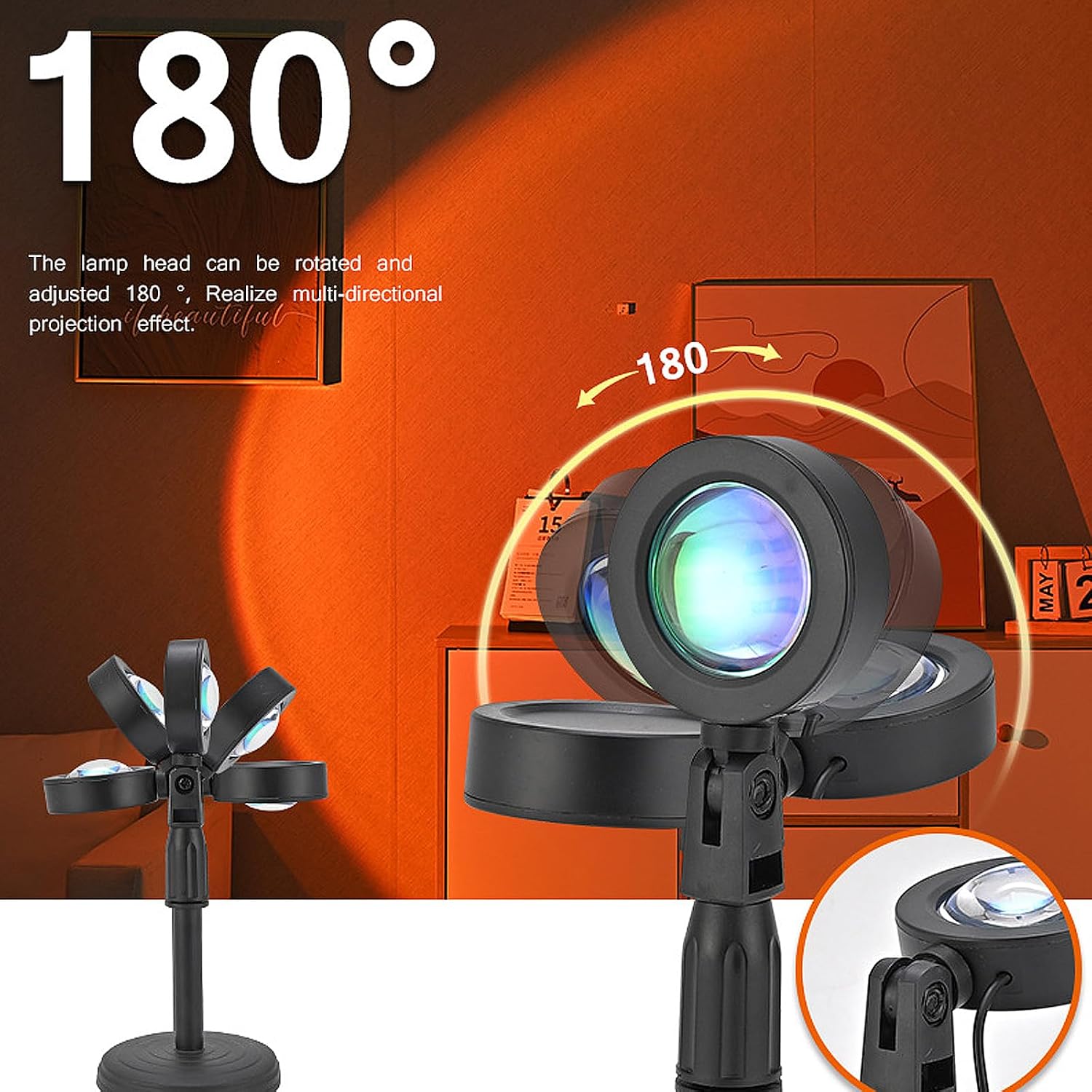 Floor Sunset Lamp Projector, 16 Colors Multicolor USB LED Night Light, 180 Degree Rotation Rainbow Lights for Bedroom, Photography, Party, TIK Tok Live, Christmas Light